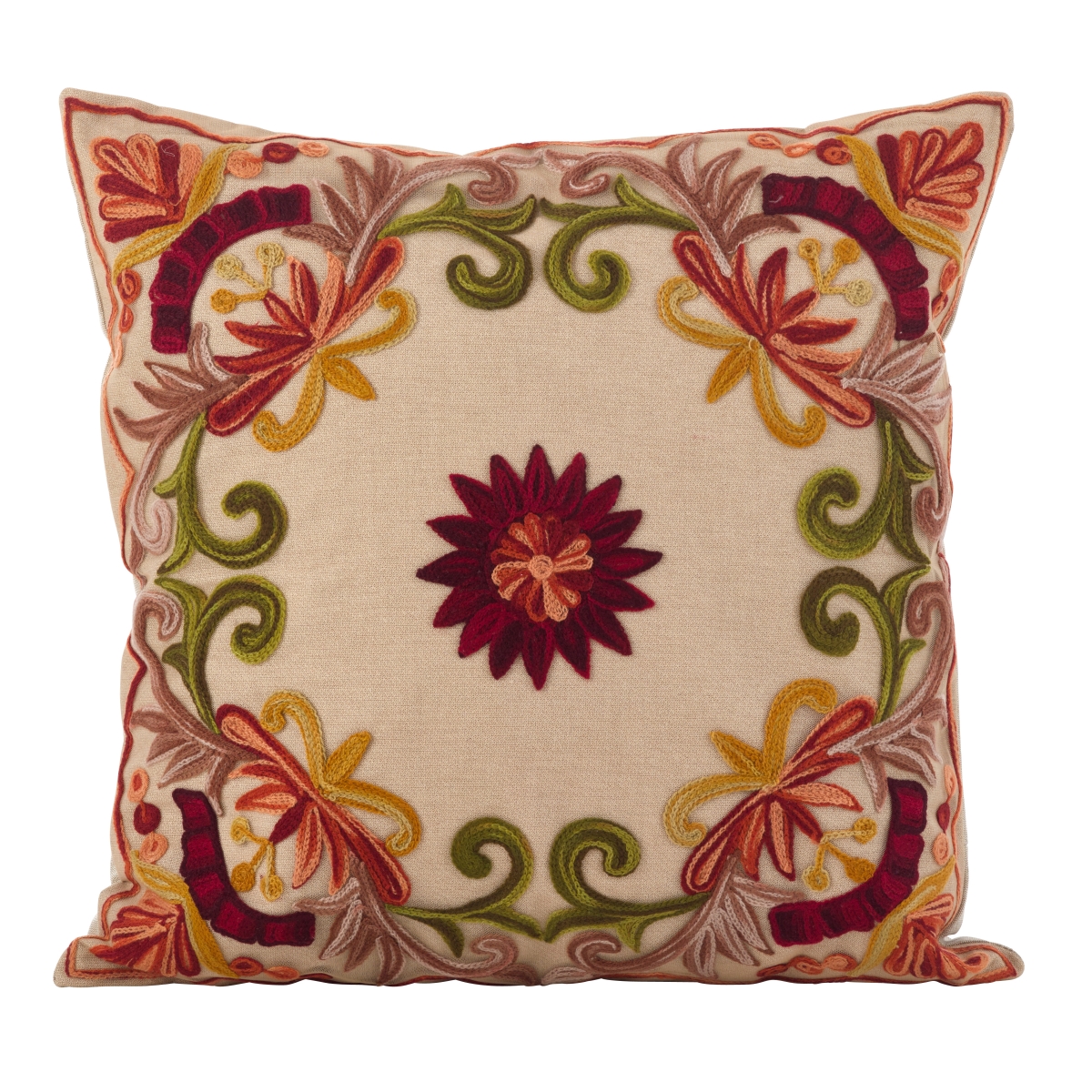 SARO  18 in. Square Embroidered Floral Design Cotton Poly Filled Throw Pillow  Multi Color