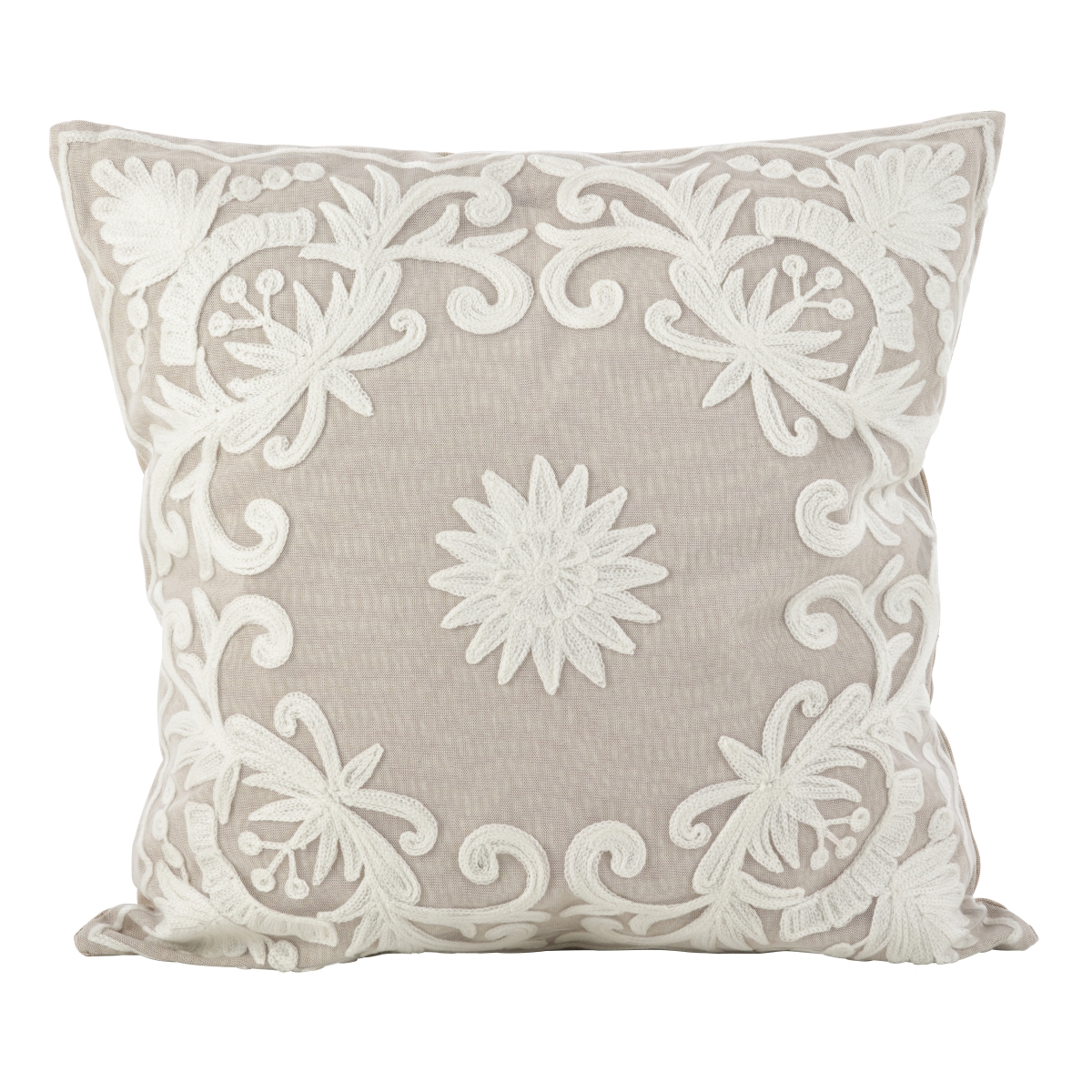 SARO  18 in. Square Embroidered Floral Design Cotton Poly Filled Throw Pillow  Ivory