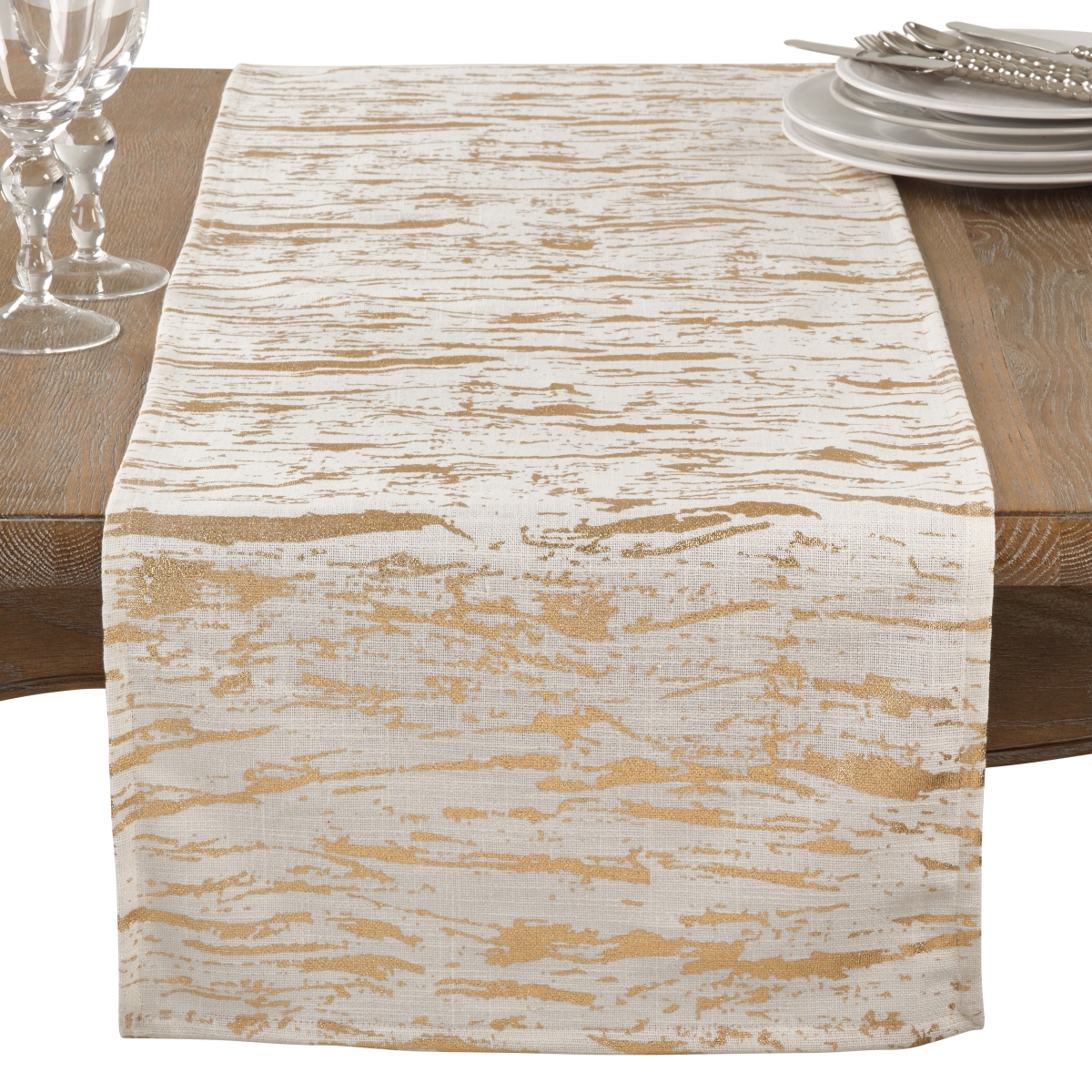 SARO  16 x 72 in. Rectangle Distressed Foil Print Runner  Gold