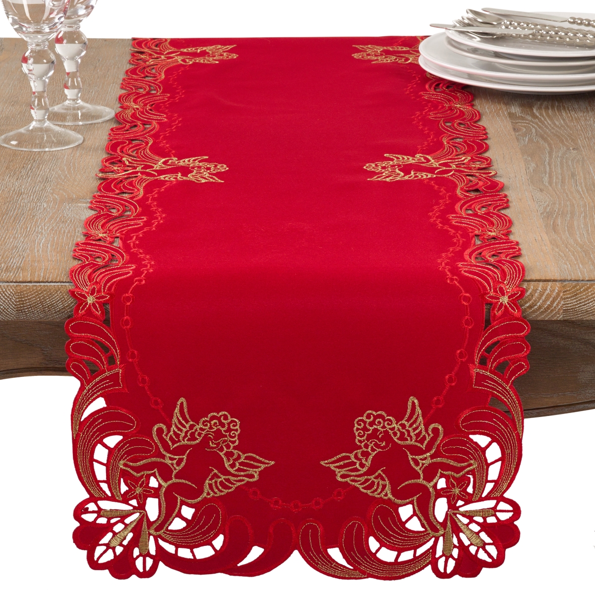 Picture of SARO 412.R1672B 16 x 72 in. Rectangle Embroidered Angel Cherub Design Christmas Table Runner  Red