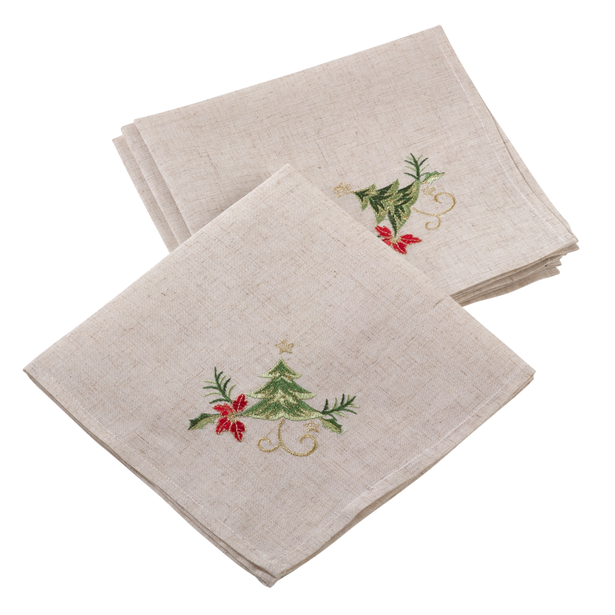 SARO  20 in. Square Embroidered Christmas Tree Design Holiday Linen Blend Napkin Set  Natural - Set of 4