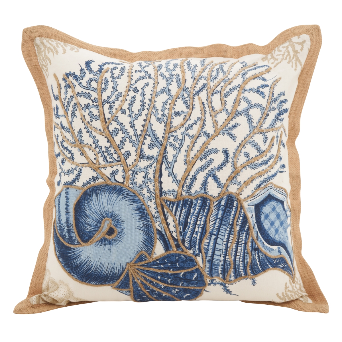 SARO  20 in. Neptunian Square Seashells Filled Cotton Down Filled Throw Pillow - Natural