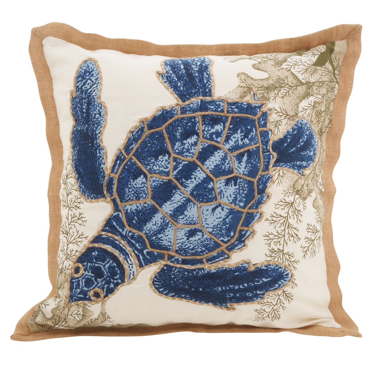 SARO  20 in. Neptunian Square Sea Turtle Filled Down Filled Throw Pillow - Natural