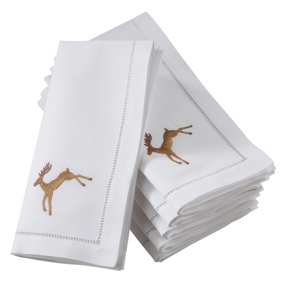 Picture of SARO NM132.W20S 20 in. Broderie Square Hemstitch Napkins with Embroidered Brown Reindeer Design - White - Set of 6