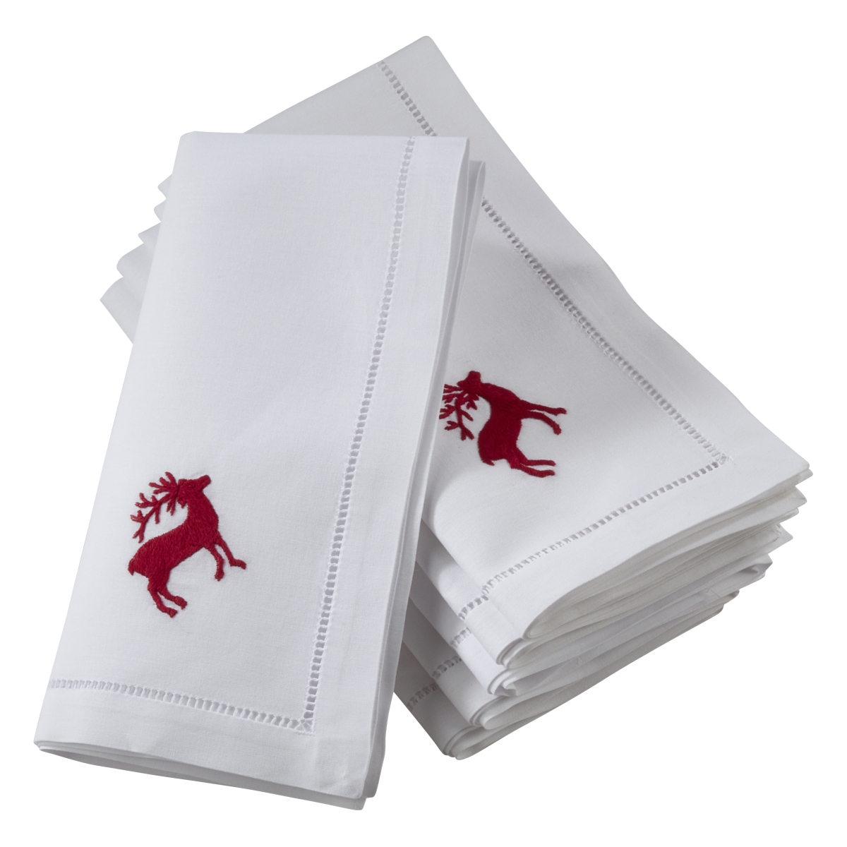 Picture of SARO NM133.W20S 20 in. Broderie Square Hemstitch Napkins with Embroidered Red Reindeer Design - White - Set of 6