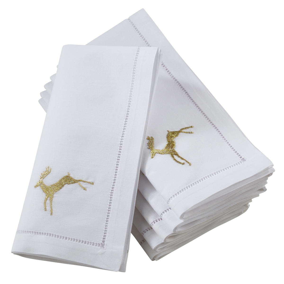 Picture of SARO NM134.W20S 20 in. Broderie Square Hemstitch Napkins with Embroidered Gold Reindeer Design - White - Set of 6