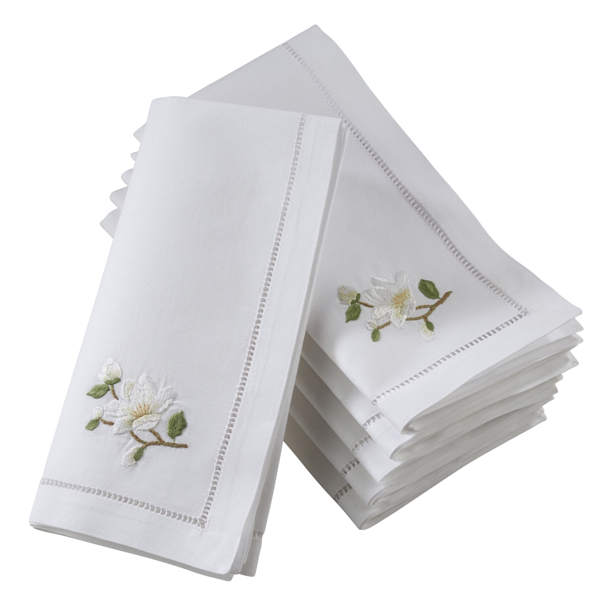 SARO  20 in. Broderie Square Hemstitch Cotton Napkins with Magnolia Embroidery - White  Set of 6