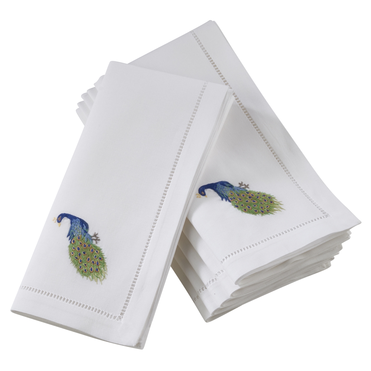 Picture of SARO NM147.W20S 20 in. Broderie Square Hemstitch Border Cotton Napkins with Peacock Embroidery - White  Set of 6