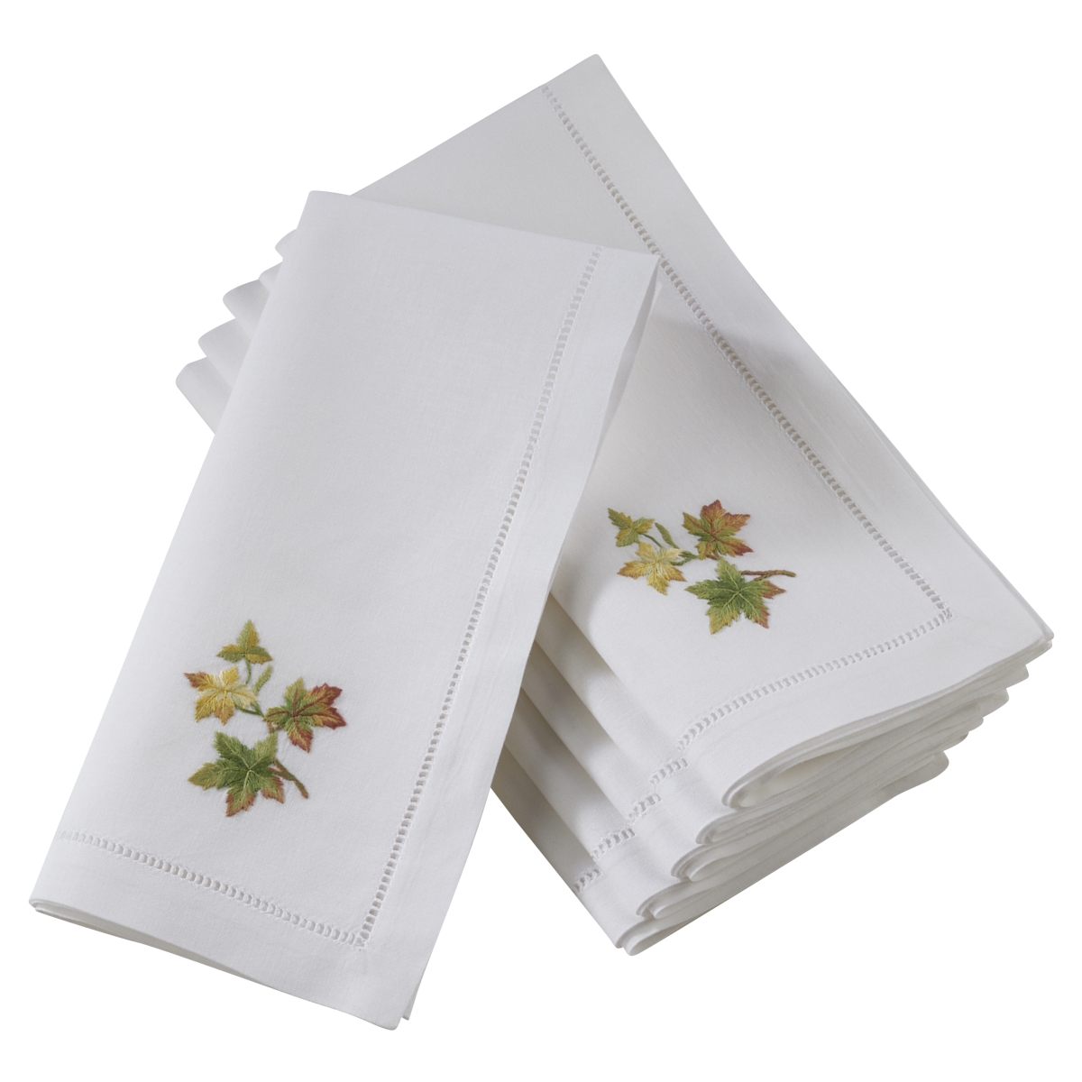 Picture of SARO NM153.W20S 20 in. Broderie Square Hemstitch Table Napkins with Embroidered Fall Leaf Design - White  Set of 6