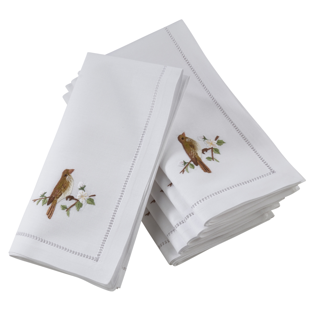 Picture of SARO NM155.W20S 20 in. Giardino Square Hemstitch Table Napkins with Bird Embroidery - White  Set of 6