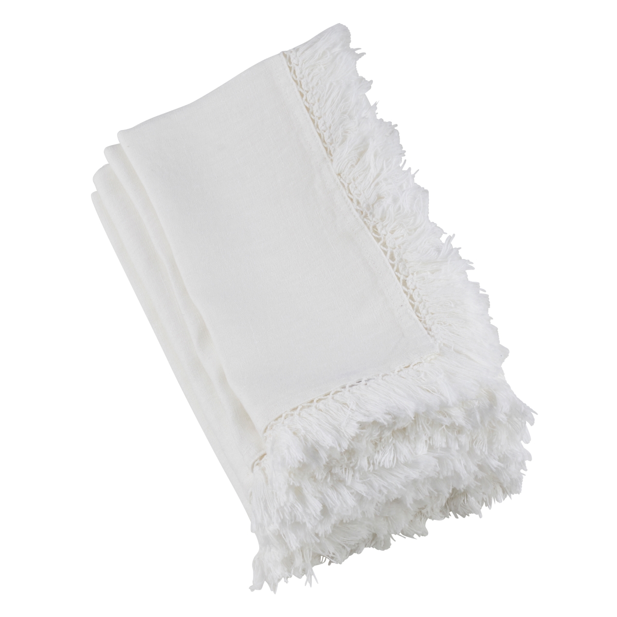 SARO  20 in. Refined Rustic Square Rustic Linen Napkins with Large Fringe Edges - Ivory  Set of 4