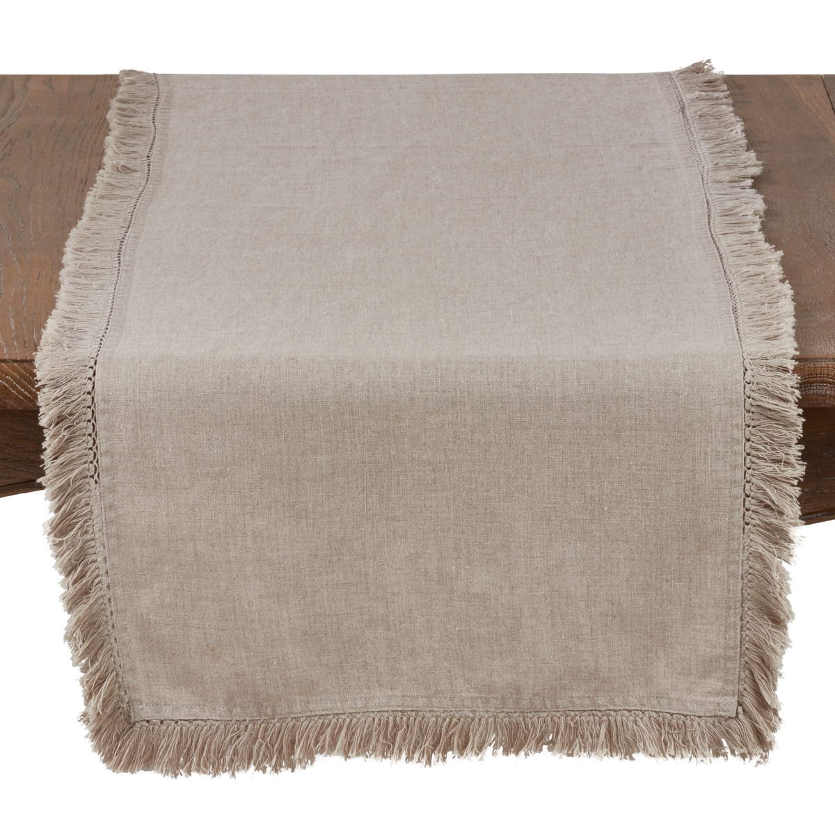 SARO  16 x 72 in. Refined Rustic Rectangle Stonewashed Linen Table Runner with Fringed Design - Natural