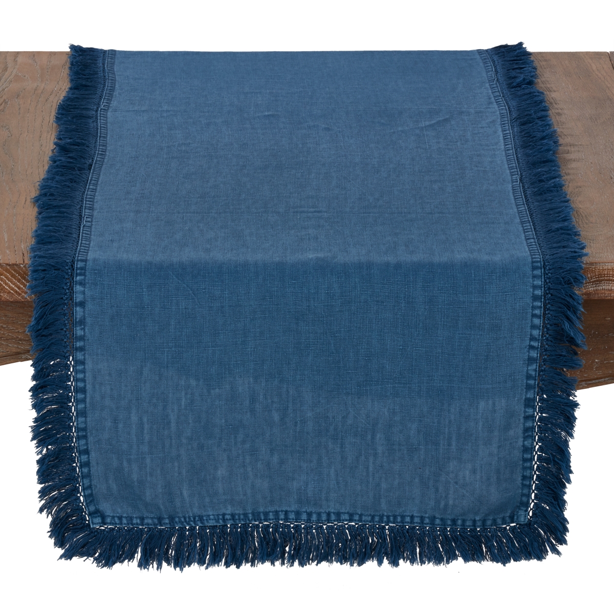 SARO  20 in. Rustic Collection Rectangle Stonewashed Linen Table Runner with Fringed Design - Navy Blue
