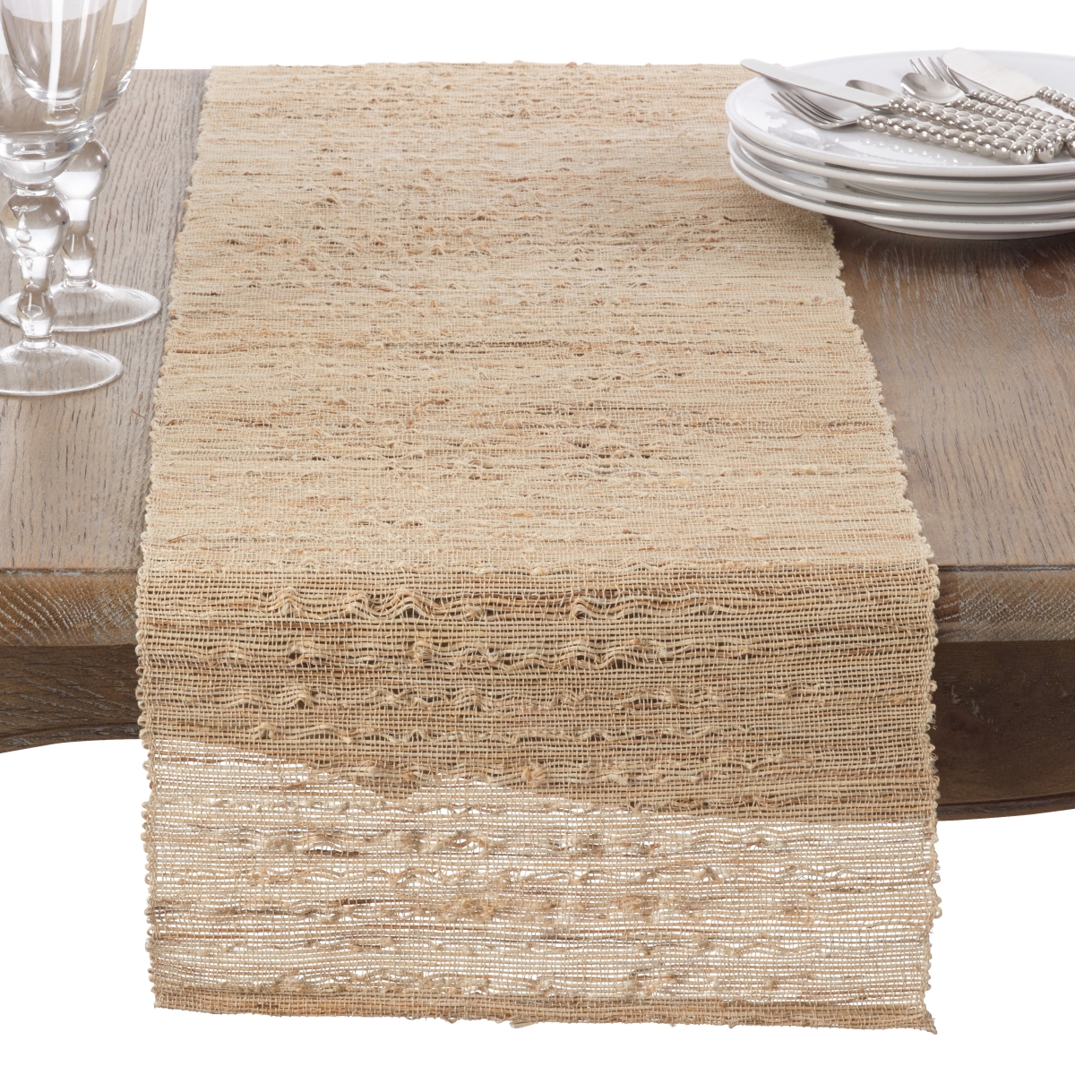 SARO  14 x 90 in. Woven Nubby Natural Table Runner  Beige - Rectangular