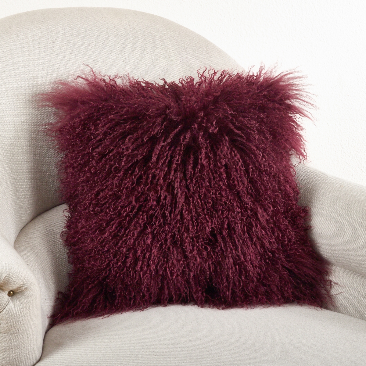 SARO  16 in. Square Wool Mongolian Lamb Fur Throw Pillow  Eggplant