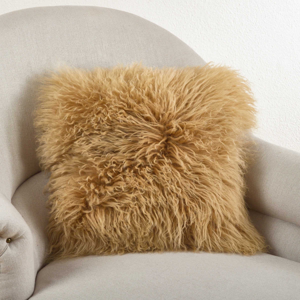 SARO  Square Wool Mongolian Lamb Fur Throw Pillow - Gold - 16 in.