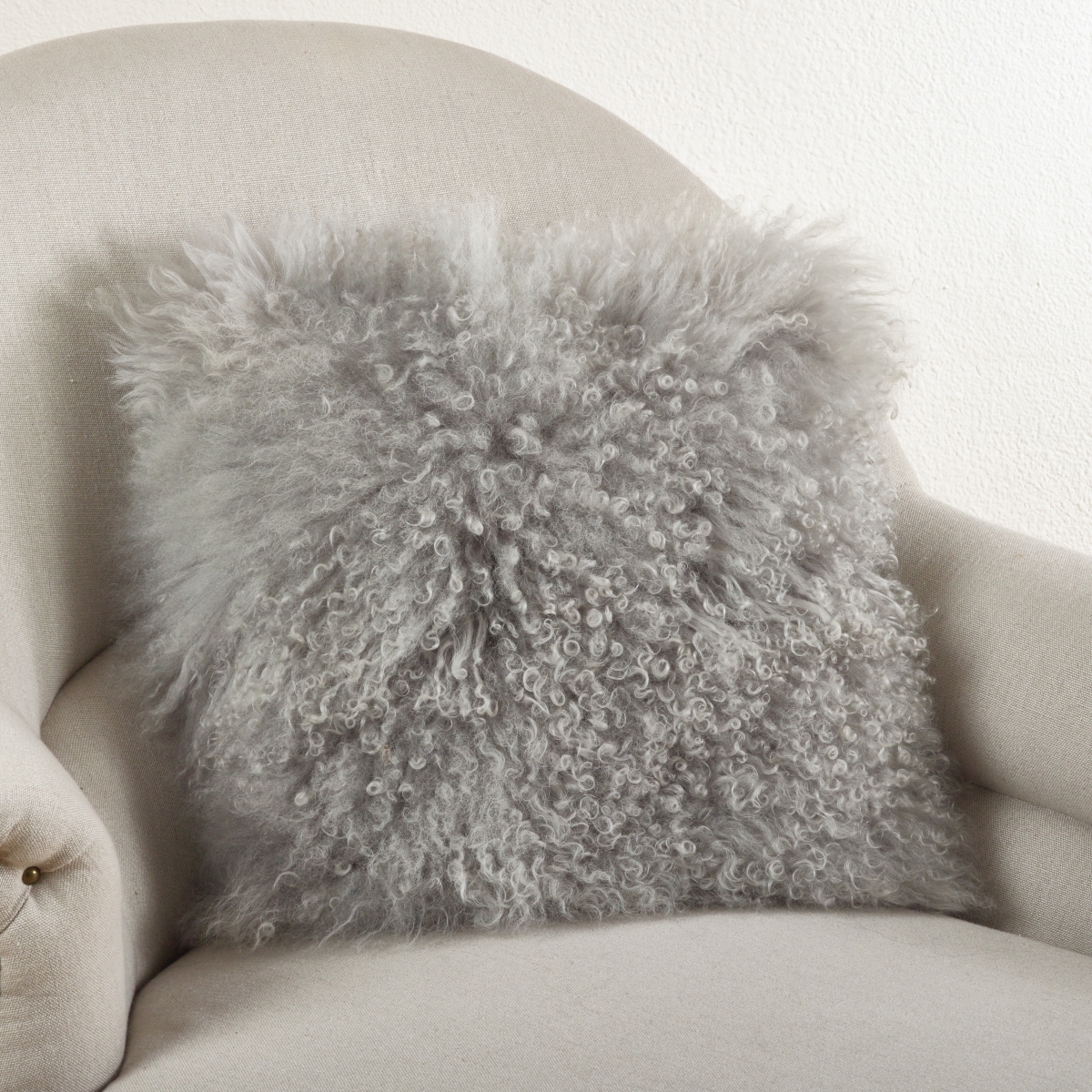 SARO  16 in. Square Wool Mongolian Lamb Fur Throw Pillow  Fog