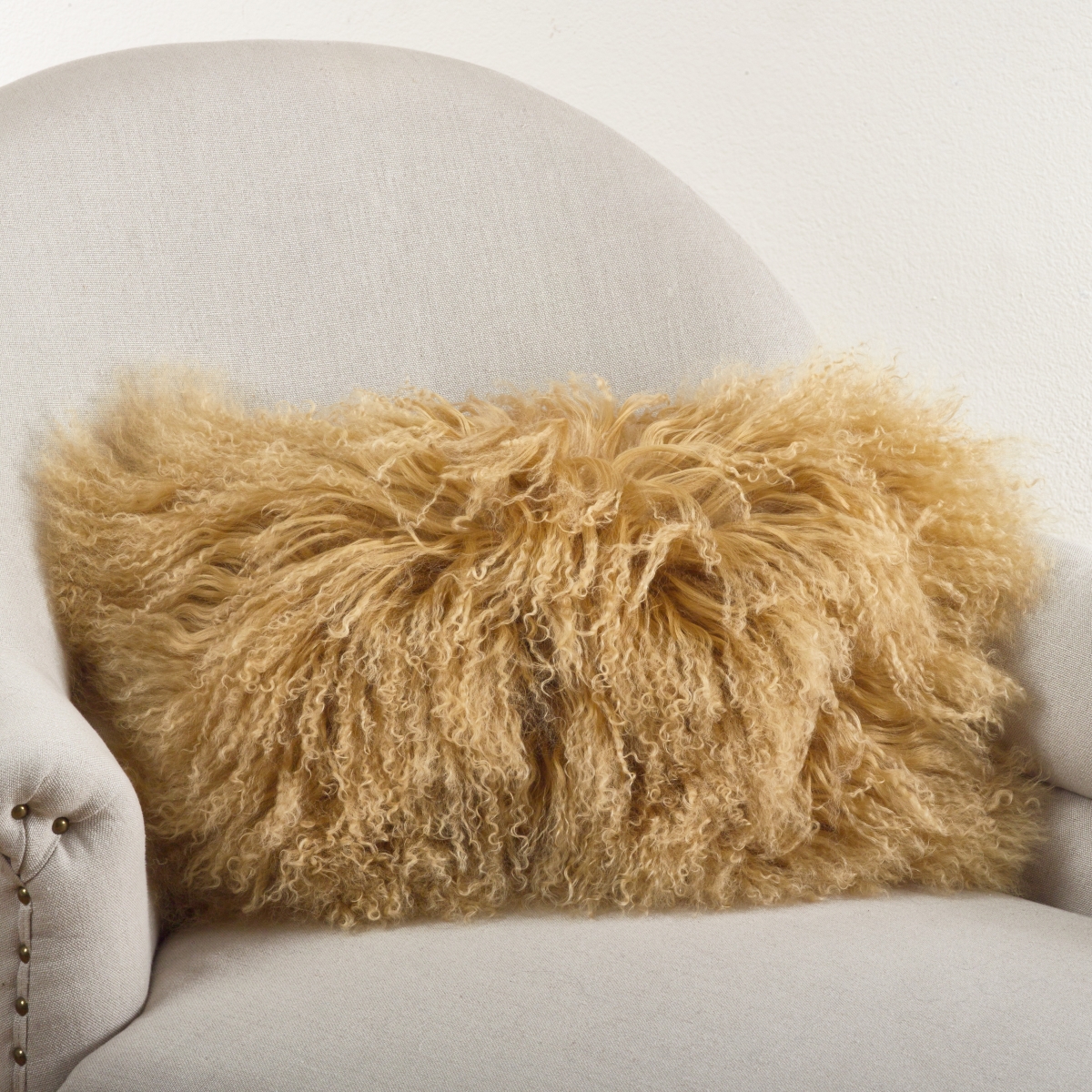 SARO  12 x 20 in. Wool Mongolian Lamb Fur Throw Pillow  Gold