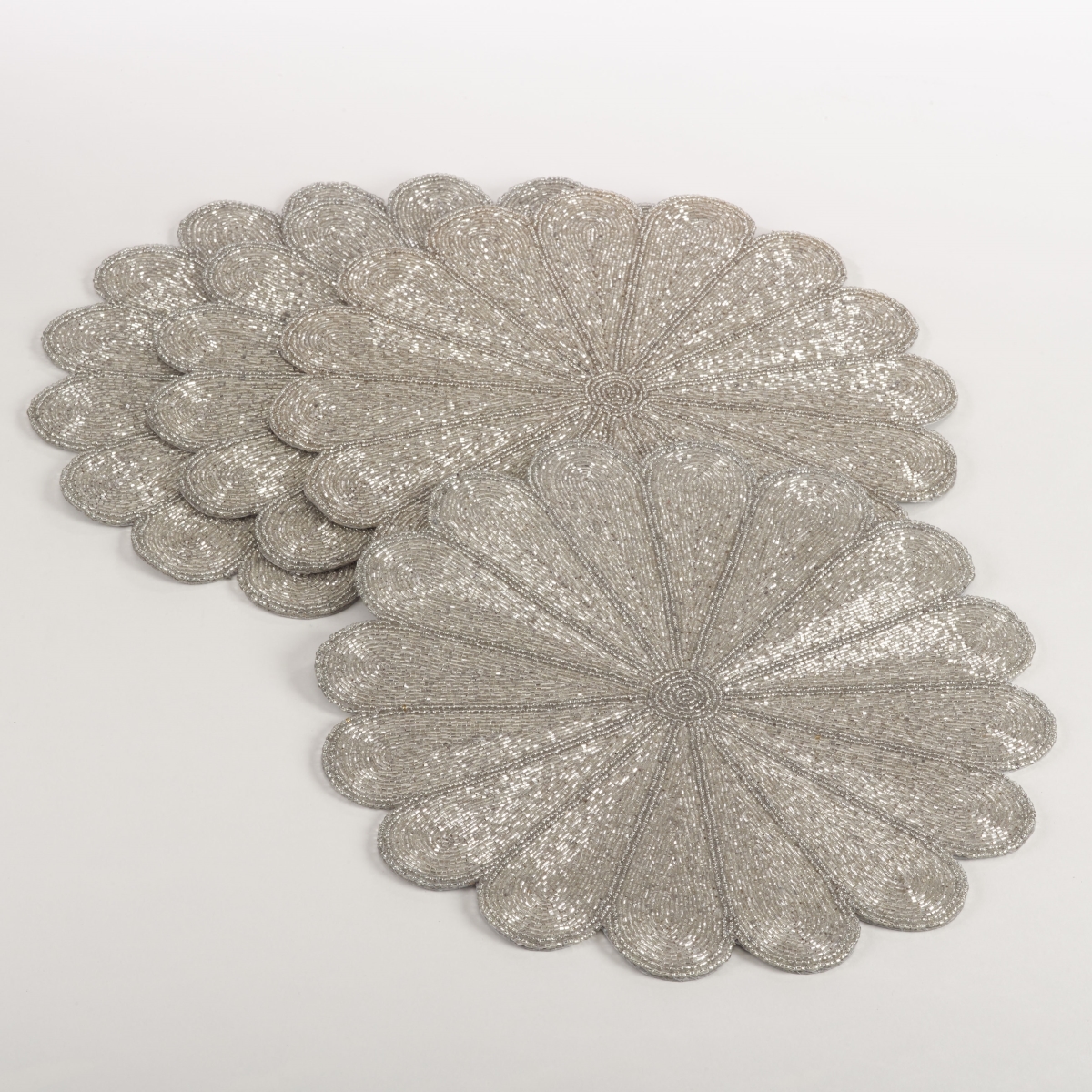 SARO  15 in. Flower Design Beaded Placemat  Silver - Set of 4