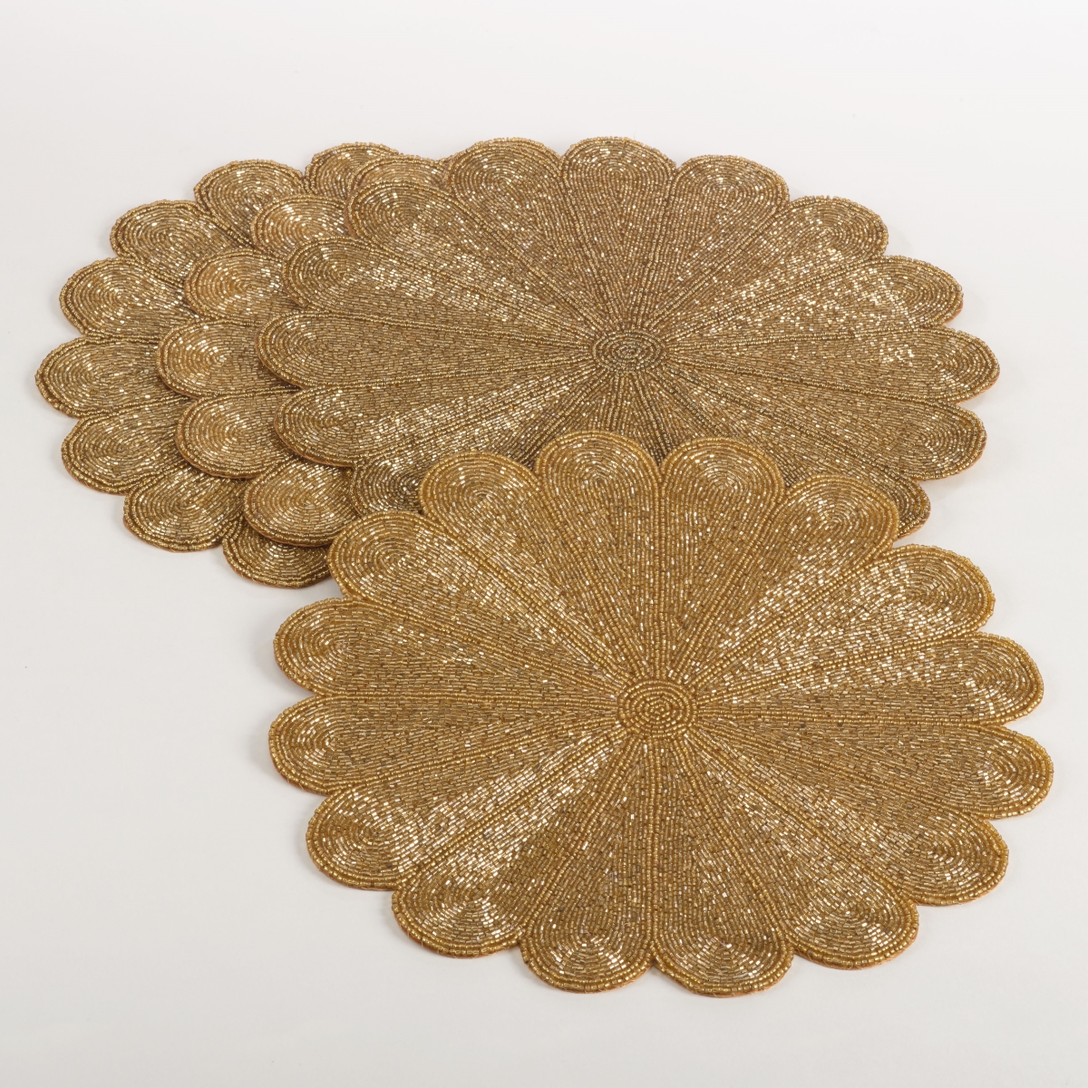 SARO  15 in. Flower Design Beaded Placemat  Gold - Set of 4