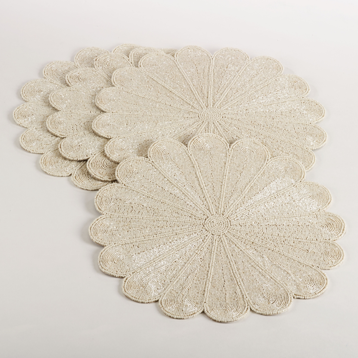 SARO  15 in. Flower Design Beaded Placemat  Ivory - Set of 4