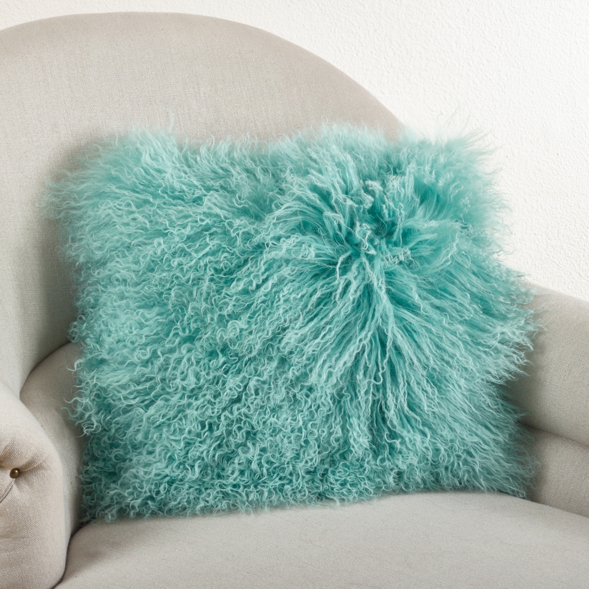 SARO  16 in. Square Wool Mongolian Lamb Fur Throw Pillow  Mint
