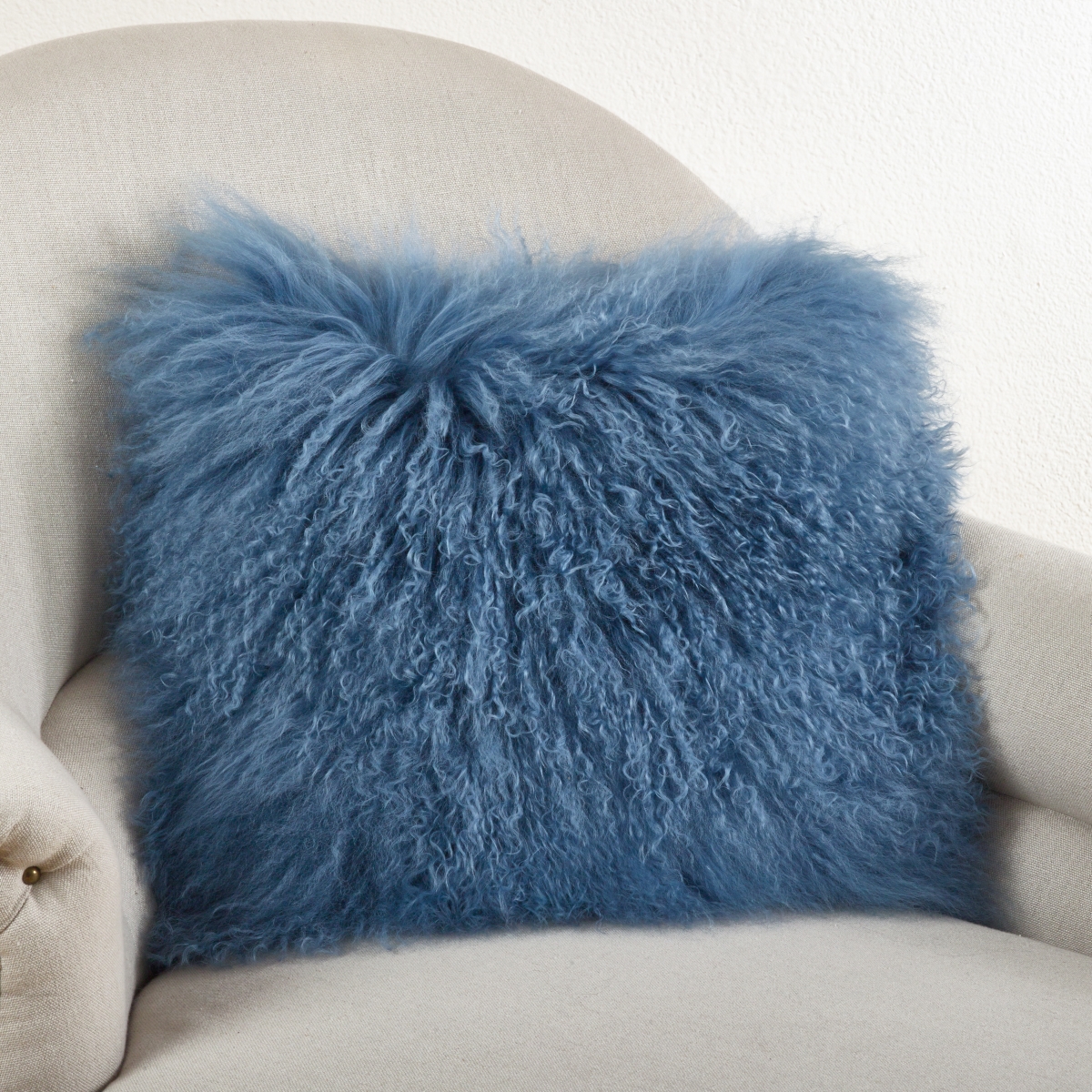 SARO  16 in. Square Wool Mongolian Lamb Fur Throw Pillow  Blue & Grey