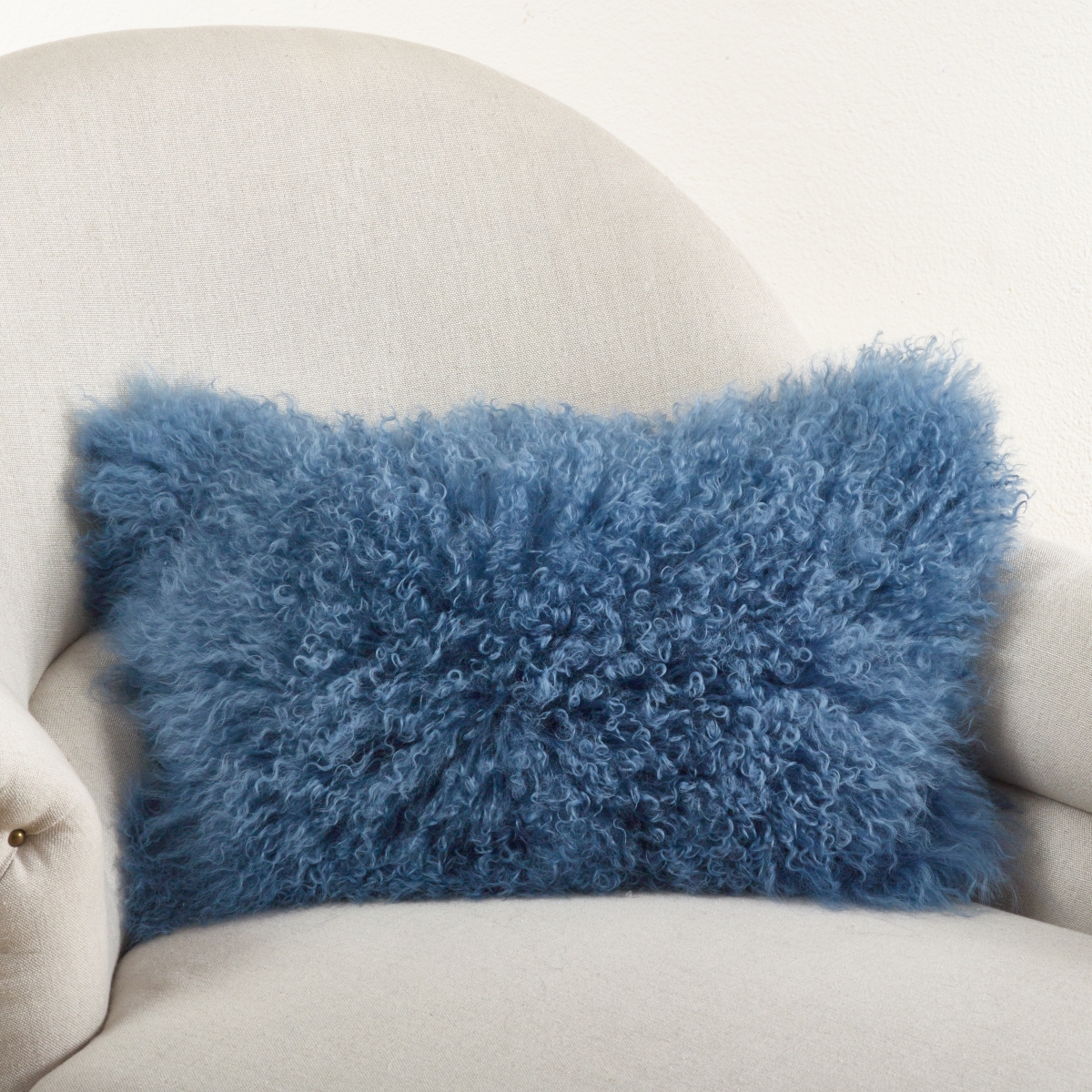 SARO  12 x 20 in. Wool Mongolian Lamb Fur Throw Pillow  Blue & Grey