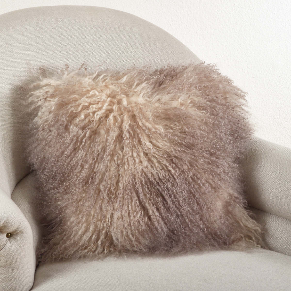 SARO  20 in. Square Wool Mongolian Lamb Fur Throw Pillow  Oyster
