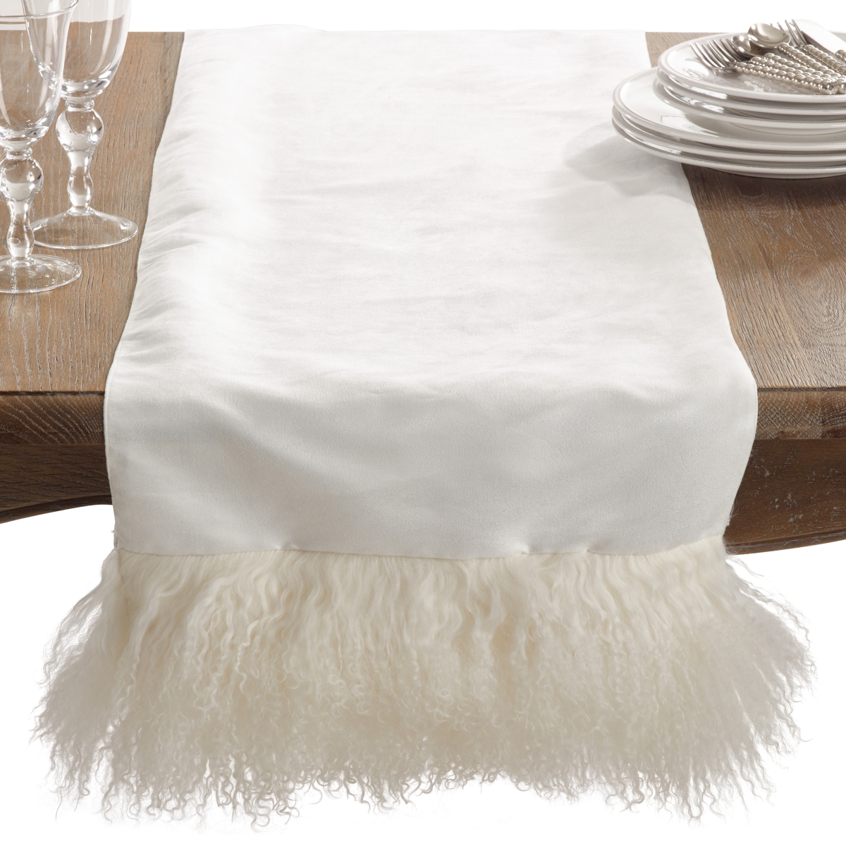 Picture of SARO 3563.I1672B Mongolian Lamb Fur Table Runner - Ivory