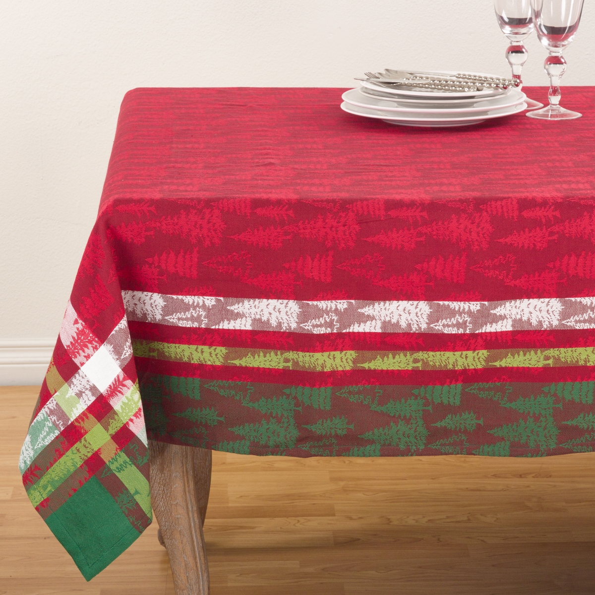 SARO 2108.M70S Plaid Christmas Tree Design Pattern Cotton Tablecloth - Multi Color