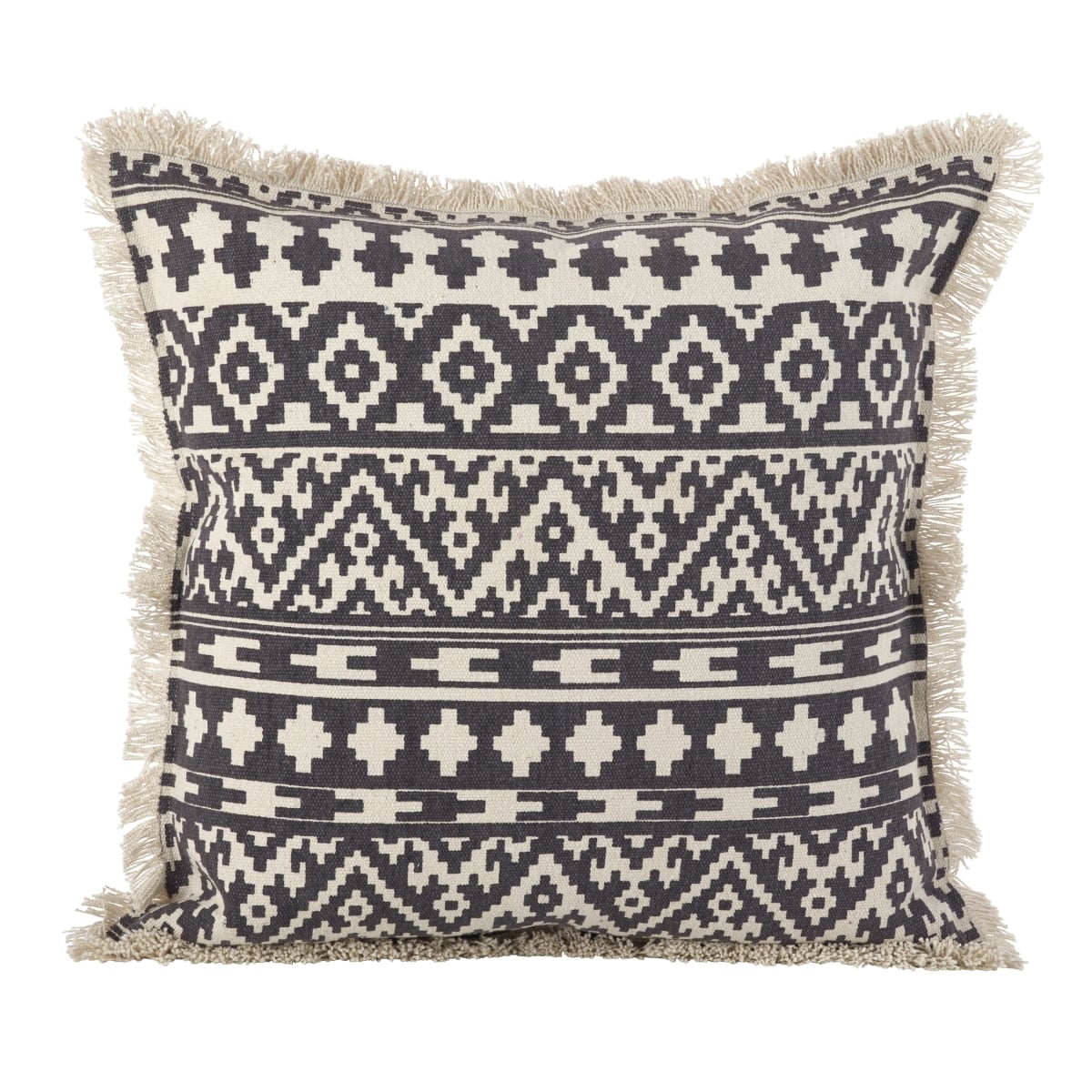 SARO  Aztec Tribal Design Fringe Trim Cotton Down Filled Throw Pillow - Grey