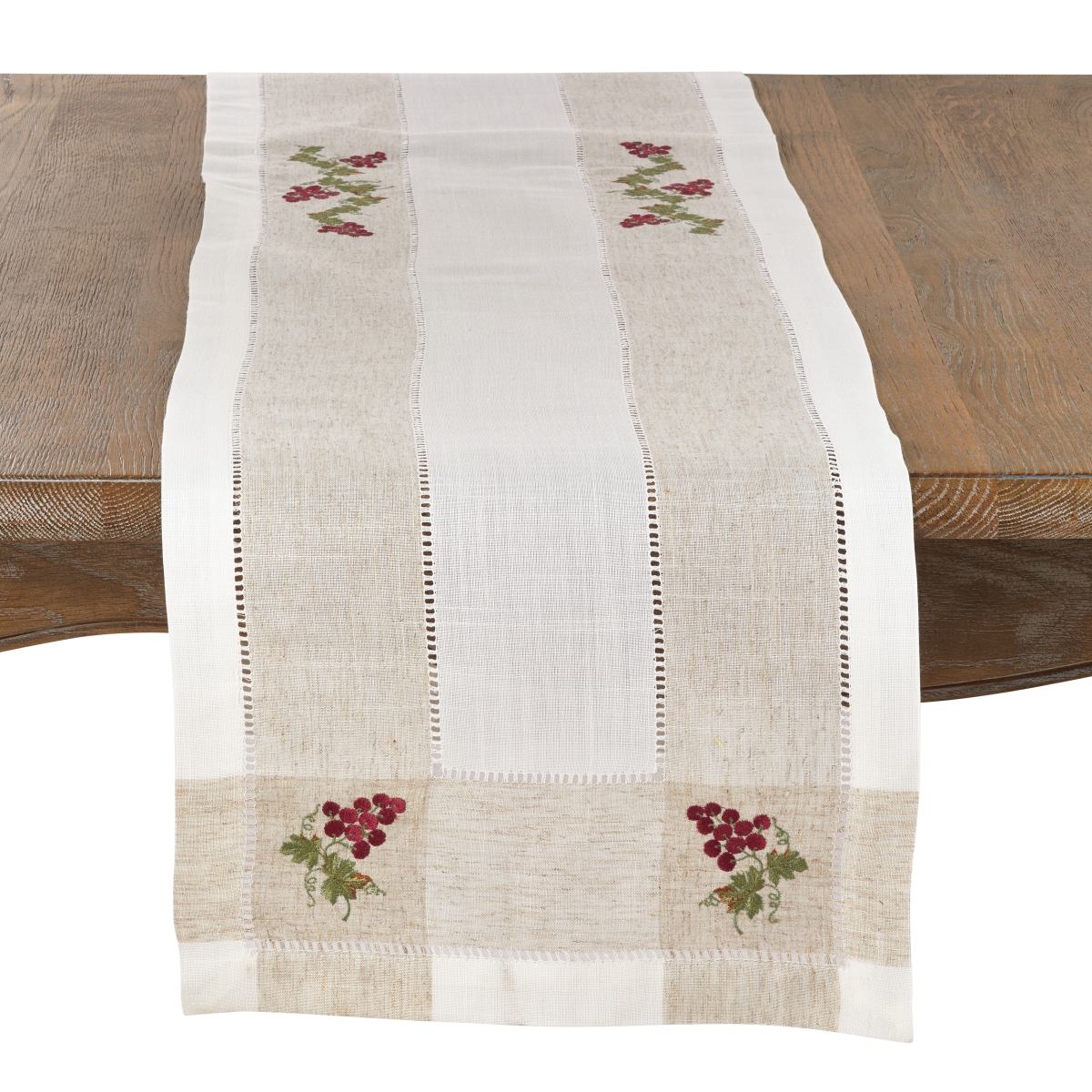 Picture of SARO 2230.I1570B Embroidered Table Runner with Grape Hemstitch Design - Ivory