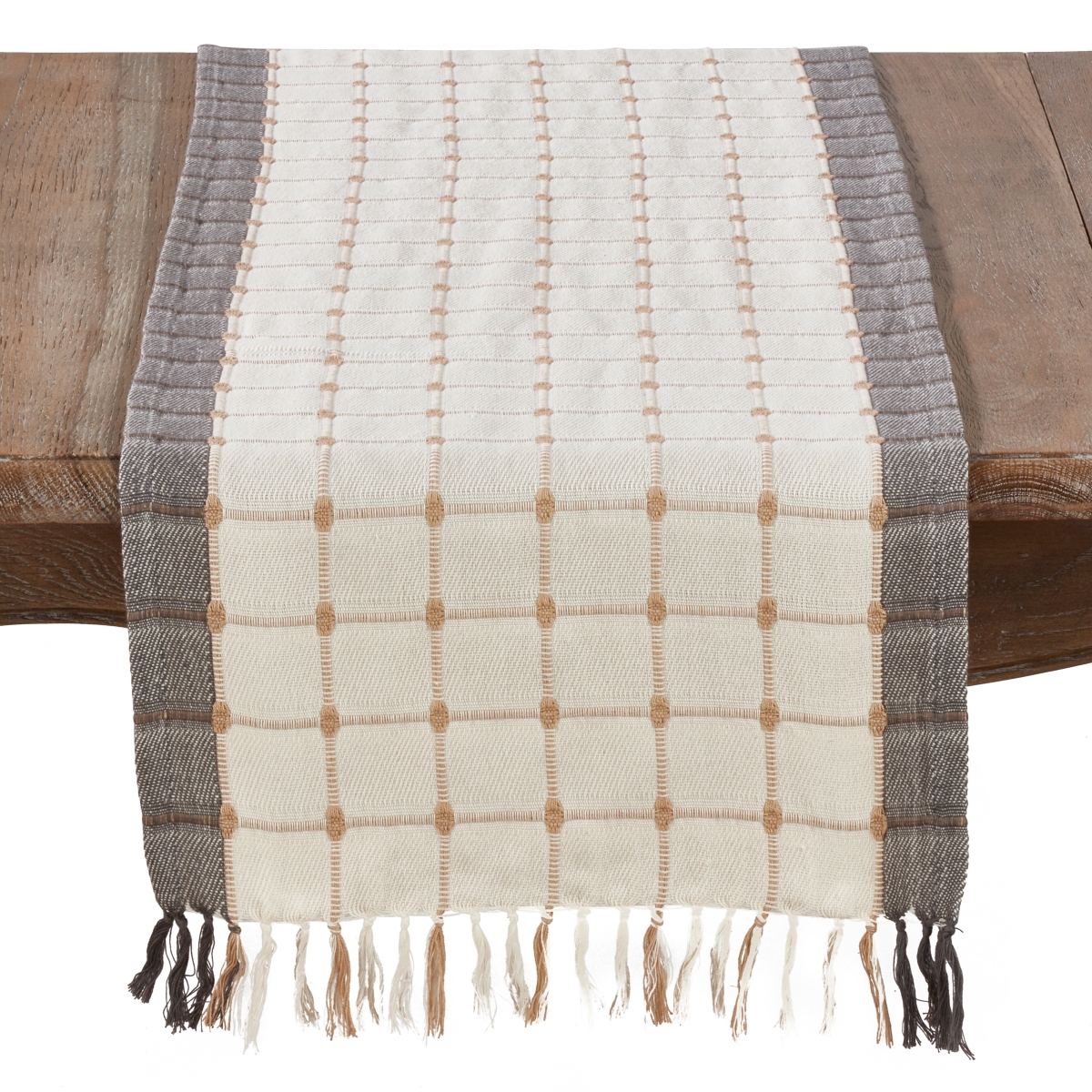 Picture of SARO 2433.M1672B Woven Windowpane &amp; Tassel Design Cotton Table Runner  Multi Color