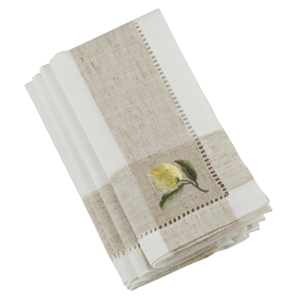 SARO  Hemstitch Napkins with Embroidered Lemon Design  Ivory- Set of 4
