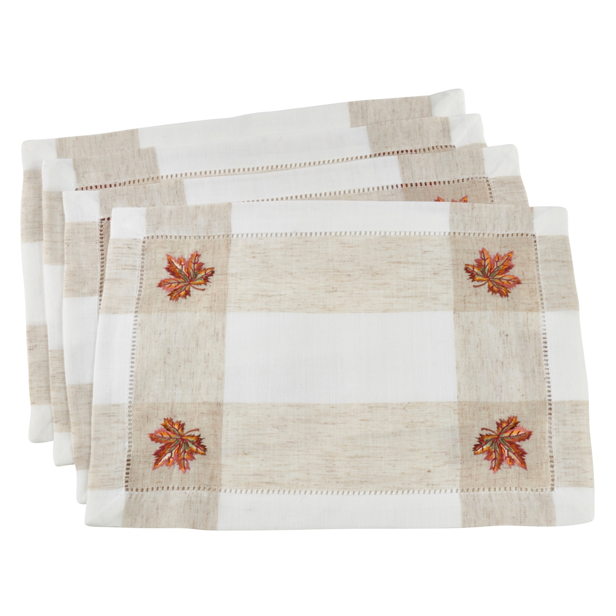 SARO  Hemstitch Placemats with Embroidered Leaf Design  Ivory - Set of 4