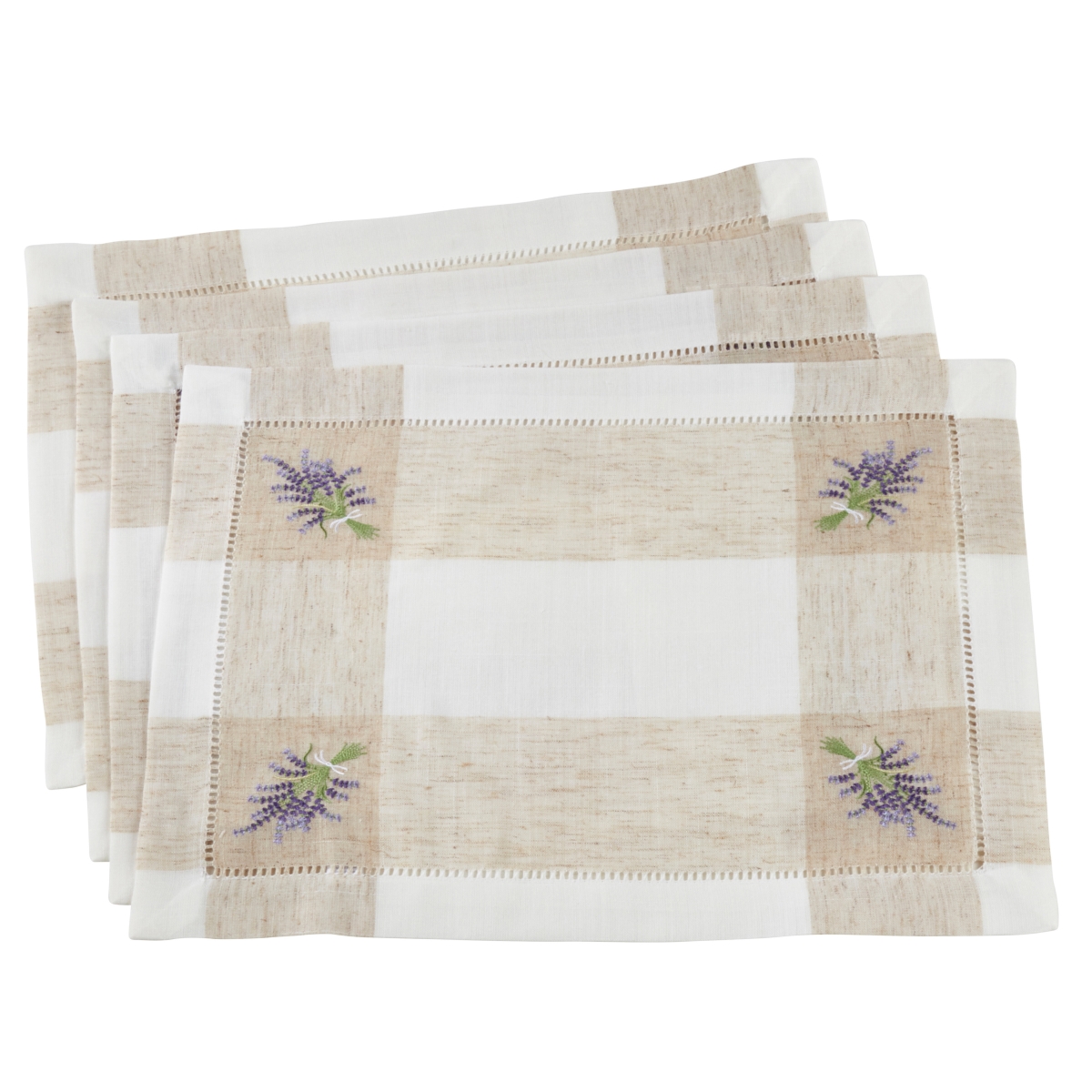 Picture of SARO 2234.I1419B Hemstitch Placemats with Embroidered Lavender Design  Ivory - Set of 4