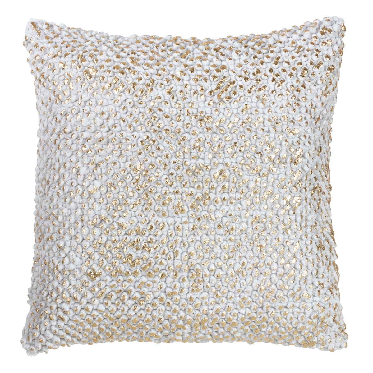 SARO  18 in. Ongles Square Down Filled Cotton Throw Pillow with Foil Printed Pom Pom Design - Gold -  RLM Distribution, HO2657828