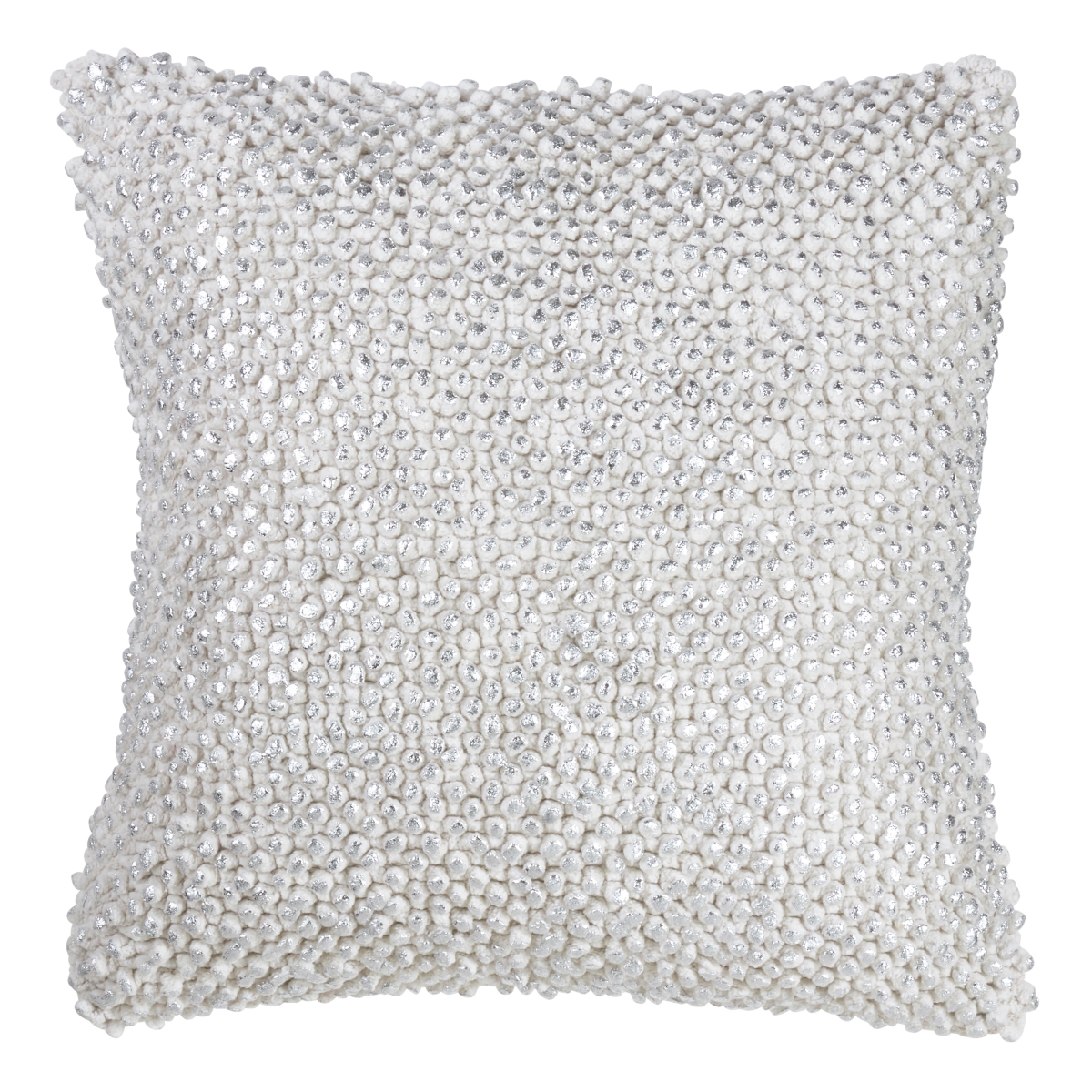 SARO  13 in. Square Down Filled Cotton Throw Pillow with Foil Printed Pom Pom Design - Silver -  RLM Distribution, HO3741494