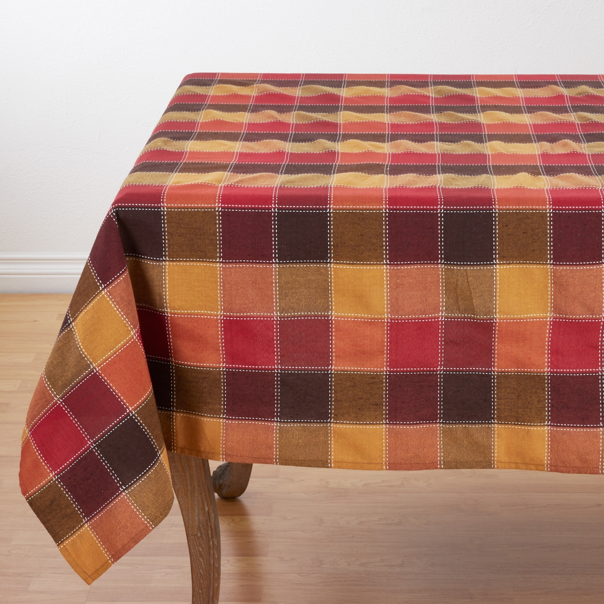 SARO 8571.M70S 70 in. Square Stitched Plaid Cotton Blend Tablecloth - Multi Color