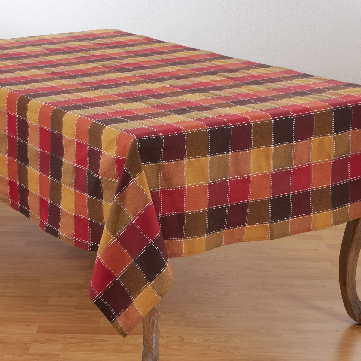 SARO 8571.M70120B 70 x 120 in. Rectangle Stitched Plaid Cotton Blend Tablecloth - Multi Color