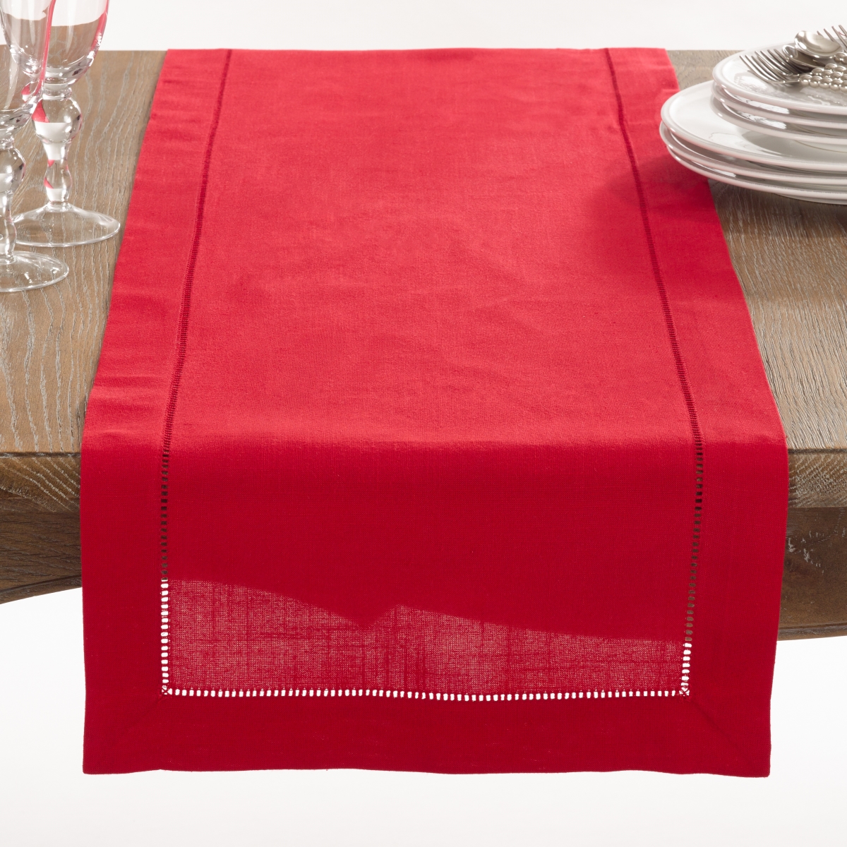 Picture of SARO 6301.R16120B Classic Hemstitch Border Table Runner  Red
