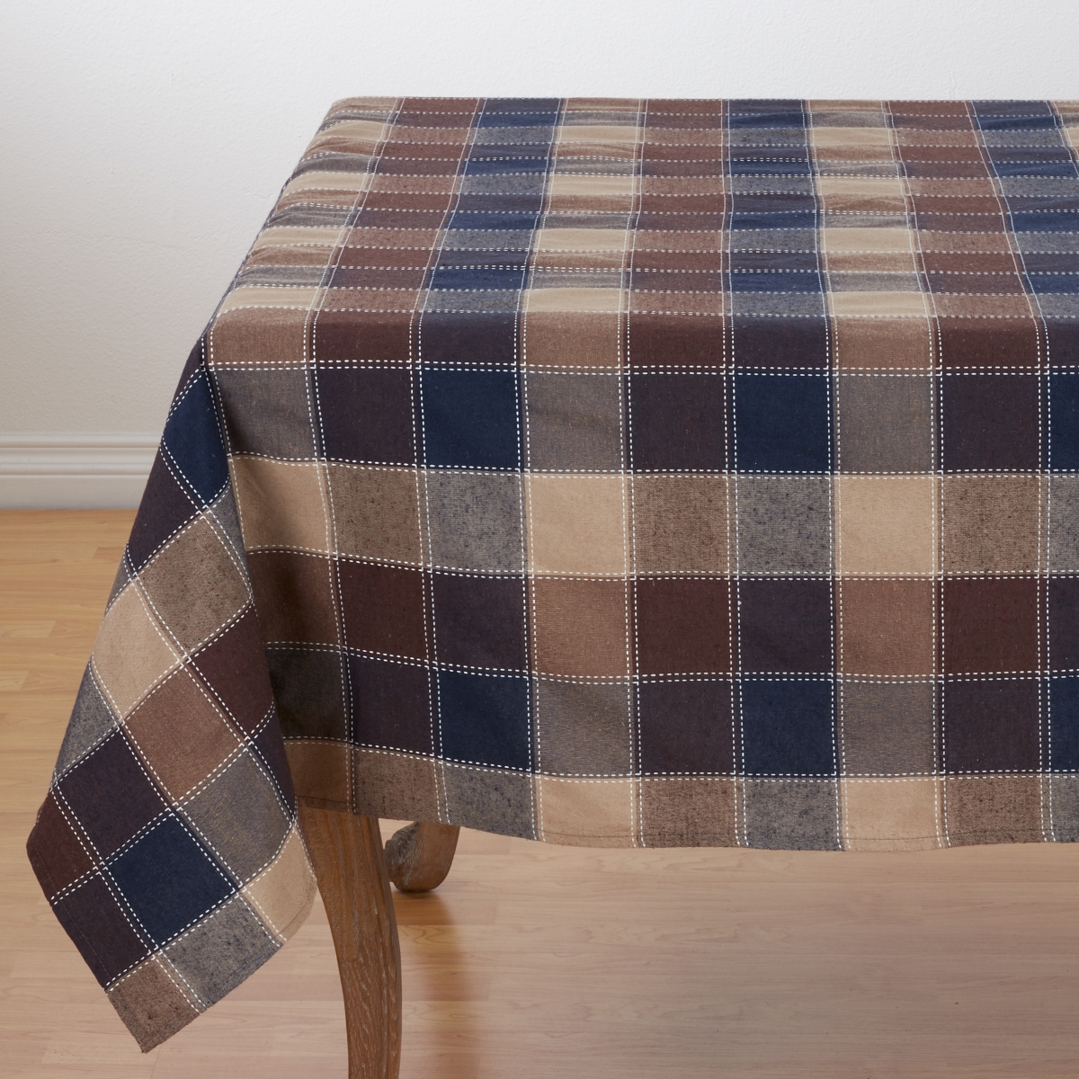 Picture of SARO 8571.BR70S 70 in. Square Stitched Plaid Cotton Blend Tablecloth - Brown