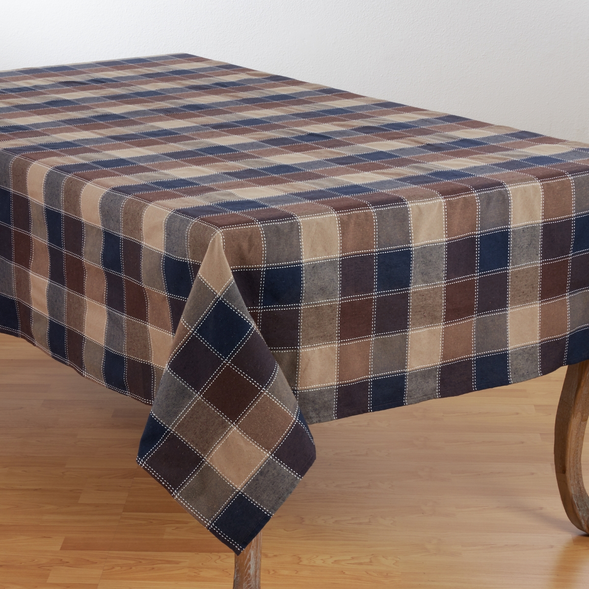 SARO  70 x 140 in. Rectangle Stitched Plaid Cotton Blend Tablecloth