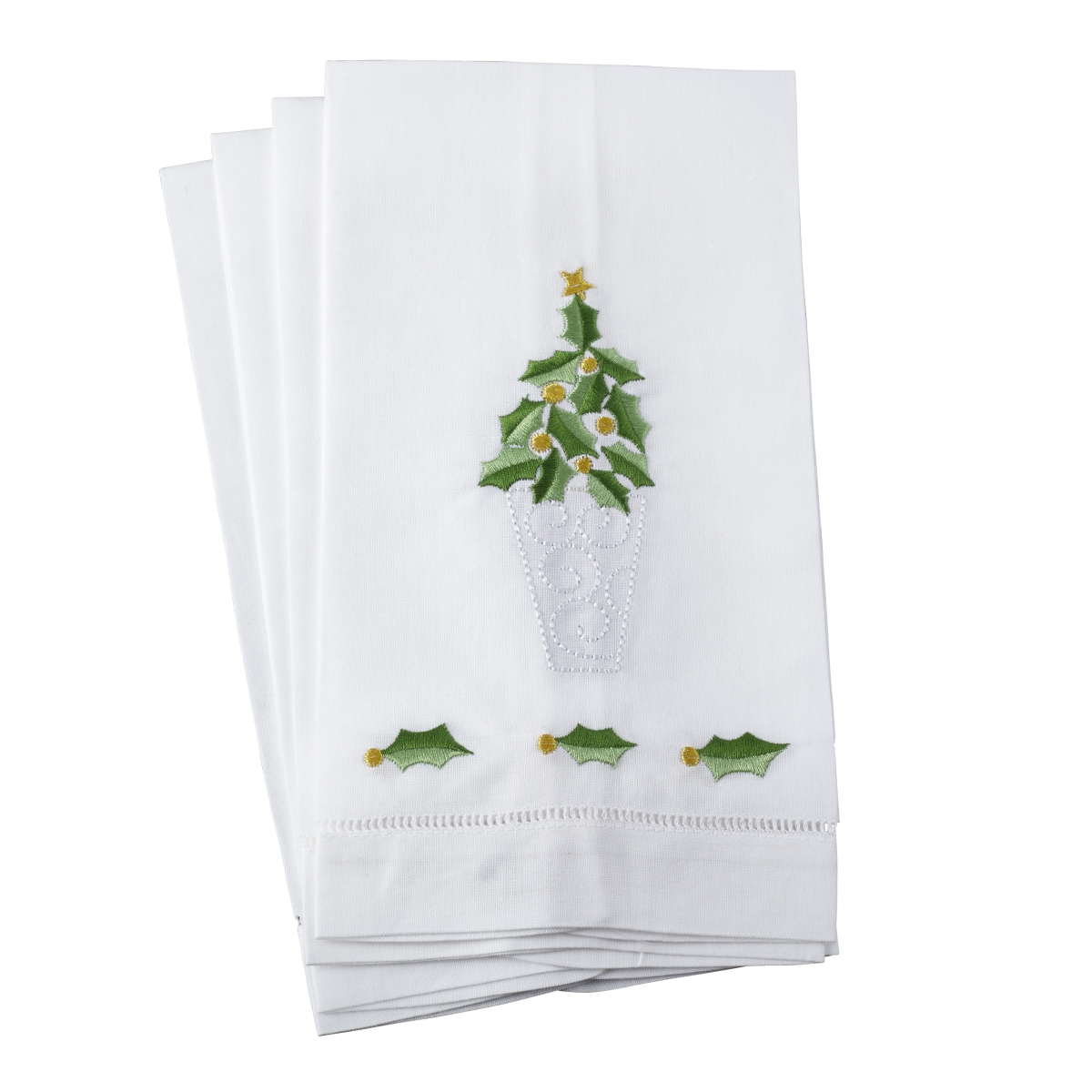 SARO  Embroidered Holly Leaf Christmas Tree Design Hemstitched Linen Cotton Guest Towel  White - Set of 4