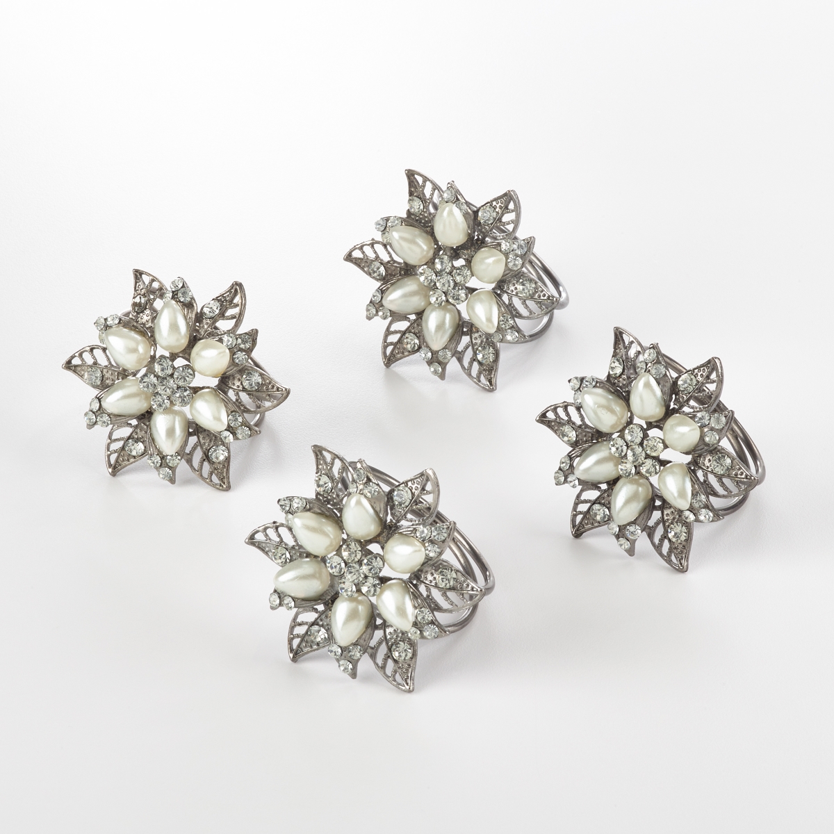 Picture of SARO NR107.S Bejeweled Flower Design Napkin Ring  Silver - Set of 4