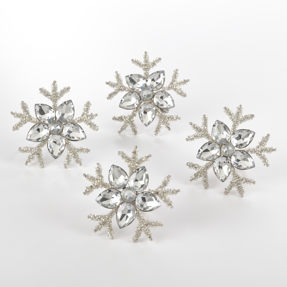 SARO  Collection Snowflake Design Napkin Ring  Silver - Set of 4
