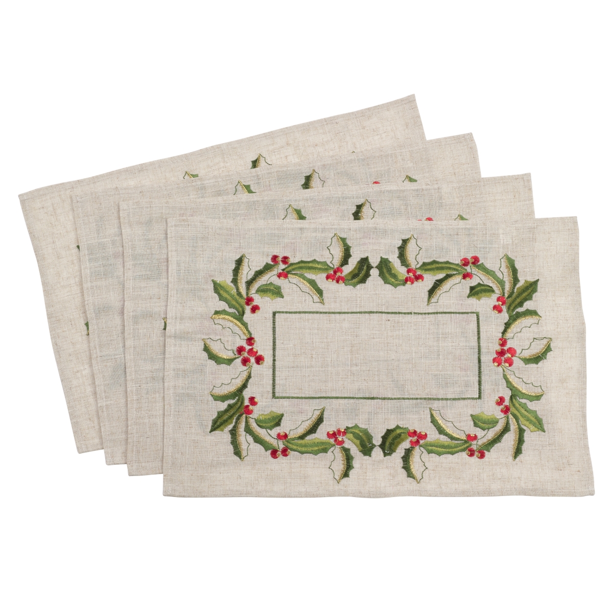 SARO QX653.N1420B Embroidered Holly Design Linen Blend Placemat - Natural - Set of 4