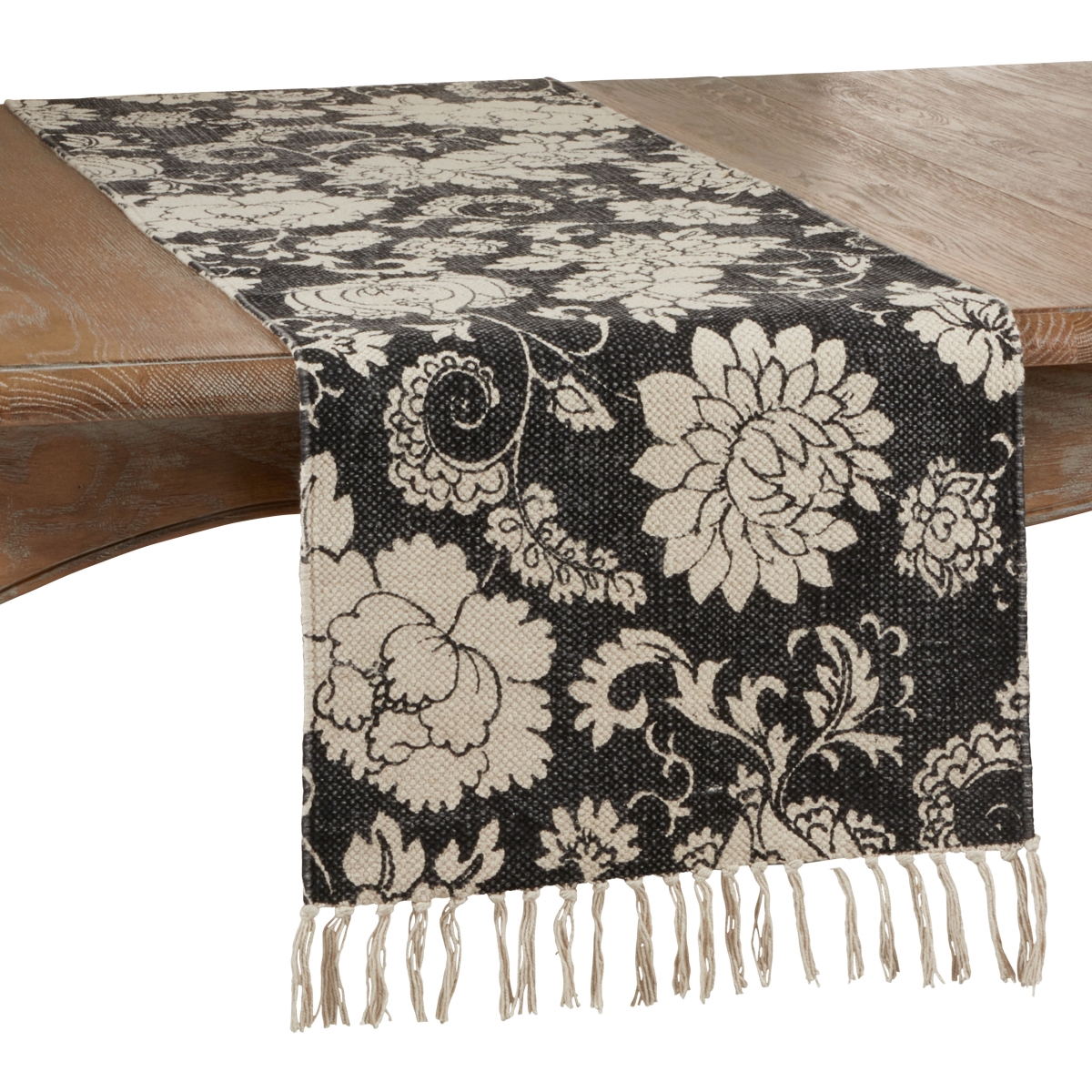 Picture of SARO 6102.BK1672B 16 x 72 in. Oblong Fringed Table Runner with Black Floral Design