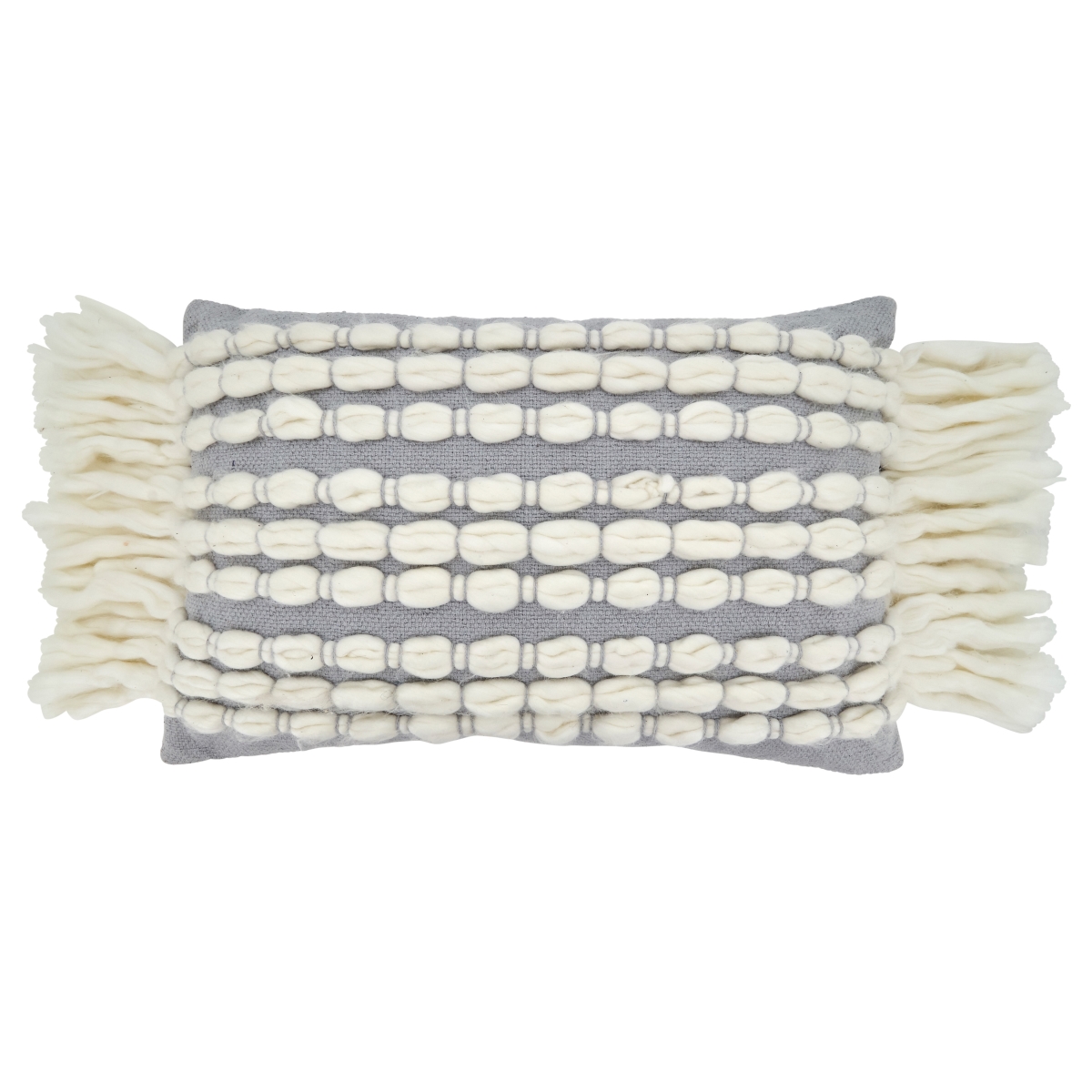 SARO  16 x 23 in. Oblong Poly Filled Throw Pillow with Grey Chunky Fringe Design